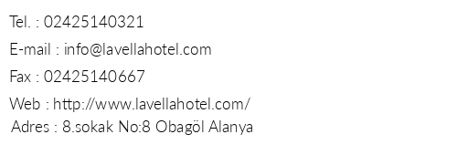 La Vella Hotel telefon numaralar, faks, e-mail, posta adresi ve iletiim bilgileri